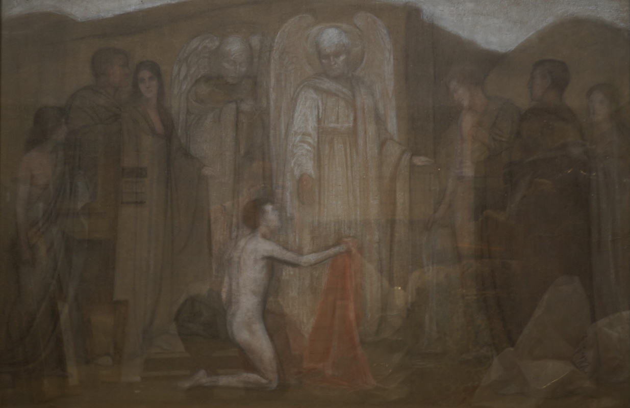 Pre-Raphaelite School , Two angels and attendant figures, conté crayon on buff paper, 82 x 122cm